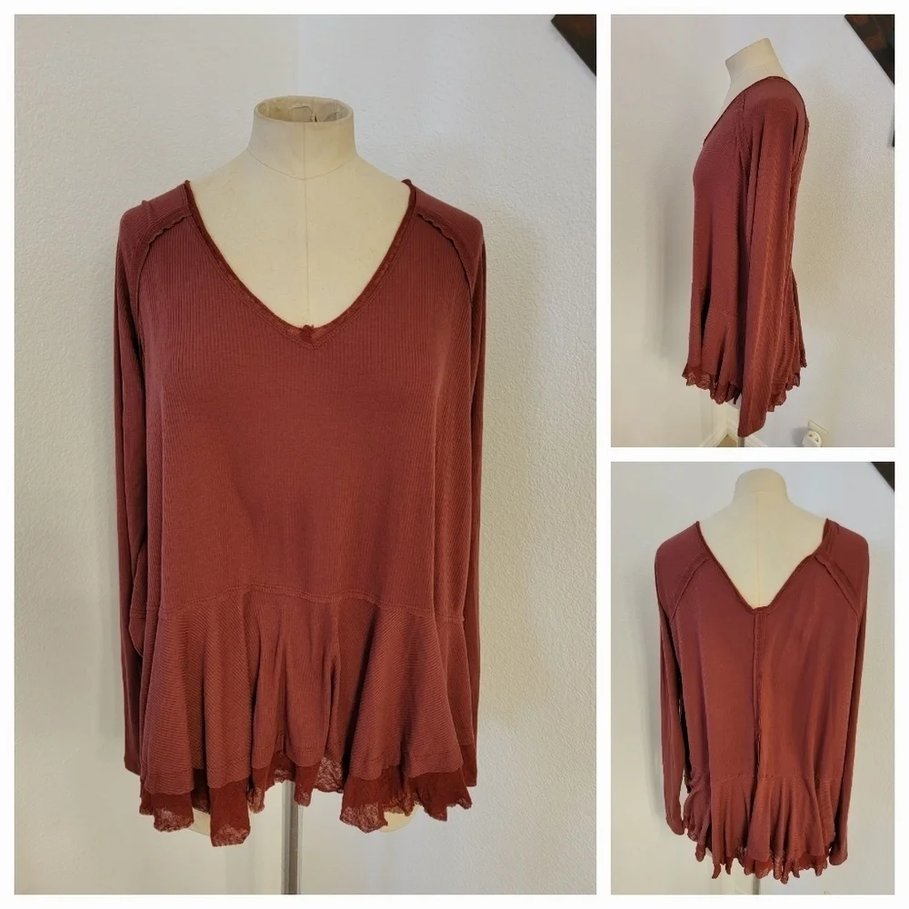 Free People Sz S Tangerine Tunic Top Thumbholes Ruffle Layered OB799554